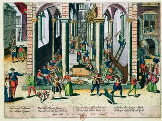 Destruição de relíquias e estátuas em igrejas, abril de 1566 (gravura colorida)
