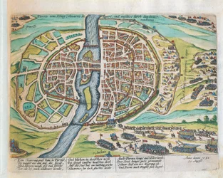 Rei Henrique de Navarra sitiando Paris, agosto de 1590, por Franz Hogenberg, gravando