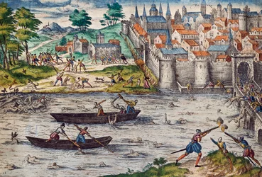 Massacres de Tours, Julho 1562 durante Guerras de Religião contra Huguenotes, gravura de Franz Hogenberg (1535-1590), França