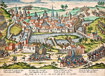 Papistas cercam Poitiers, julho de 1569, gravura de Franz Hogenberg (1535-1590), Guerras de Religião, França