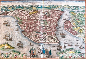 Plano de Bizâncio, rebatizado Constantinopla (Byzantium nunc Constantinopolis) (atual Istambul)