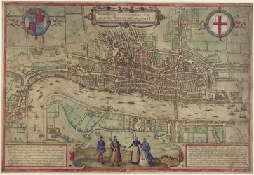 Plano de Londres de &39;Civitates Orbis Terrarum&39;, vol. 1, 1572 (gravura colorida sobre papel)