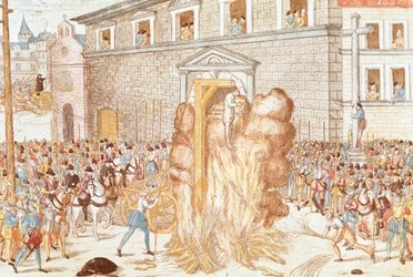 A execução da magistrada Anne du Bourg condenada a enforcamento seguida da queima do cadáver, 23 de dezembro