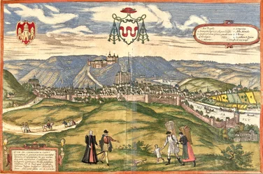 Vista de Huy (Huum), Bélgica (gravura