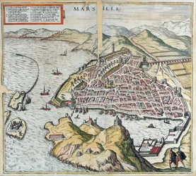 Vista de Marselha no século 16, mostrando o hospital de leprosos no canto inferior esquerdo, de &39;Le Théâtre du Monde&39; por Georg Braun, 1599