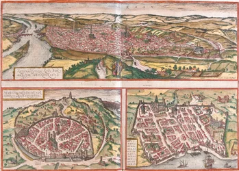 Vista de Rouen (Rotomagus), Nimes (Nemausus) e Bordeaux (Burdigala), França (gravura
