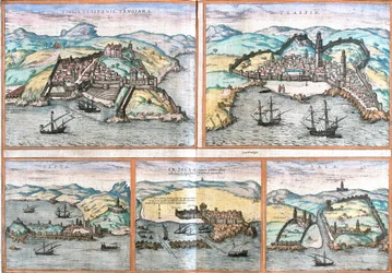 Vista de Tânger (Tangiara) e Safi (Tzaffin) em Marrocos, Ceuta (Septa) (Espanha em Marrocos), Arzila ou Asilah (Arzilla) e Venda (Sala) em Marrocos (gravura