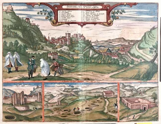 Vista da Alhambra com a Cidade de Granada, Espanha: no topo uma vista da Alhambra no Cerro del Sol. A vista inferior esquerda mostra as portas fechadas da Alhambra. No centro estão as bocas das grutas de Masmoros. A grande estrutura inferior direita