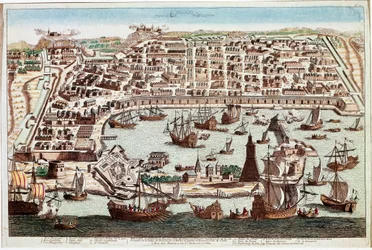 Vista da cidade de Messina na Sicília - Gravura de Franz Hogenberg (1535-1590) de "Civitatis Orbis Terranum" de Braun e Hogenberg - 1594 (Vista da cidade de Messina na Sicília - Gravura de Franz Hogenberg (1535-1590) de "Civitatis Hobis Terranum