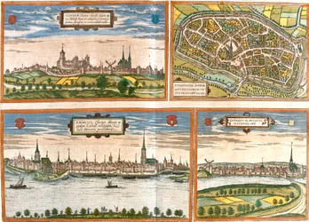 Vistas e planos de Cleves (Cliviam), Duisburg (Duisburgum), Emmerich am Rhein (Embrica) na Alemanha e Genappe na Bélgica (gravura