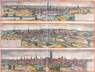 Vistas de Bois le Duc (Buscumducis), na Holanda, Leuven (Lovanium) e Machelen (Mechlineen), na Bélgica (gravura