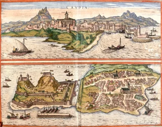Vistas da Cândia (Candia), actual Heraklion na ilha de Creta e Corfu ou Corcyra (Corphu), ilha grega (gravura