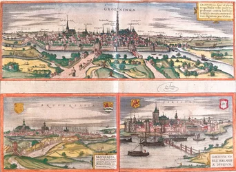Vistas de Groningen (Groeninga), Brouwershaven (Broversavia) e Gorinchem (Goricum), na Holanda (gravura