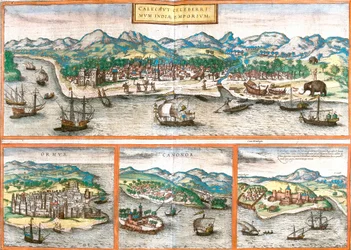 Vistas de Kozhikode ou Calicut (Calichut) (Índia), Ormuz (Ormus) (Irão), Cannanore ou Kannur (Canonor) (Índia) e São Jorge da mina (S. Georgii) ou Elmina (Gana) (gravura