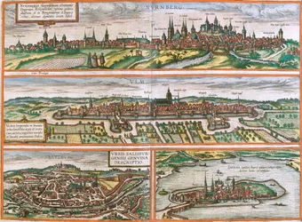Vistas de Nuremberga (Nurnberga), Ulm (Ulma), Lindau (Lindola), Alemanha e Salzburg (Salisburgensis) na Áustria (gravura