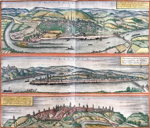Vistas de Treves (Treveris), Koblenz (Coboletz) e Rothenburg (Rotenburgum), Alemanha (gravura