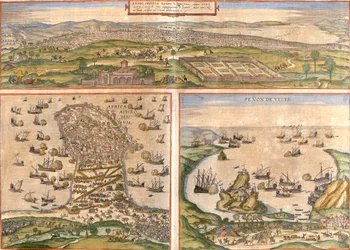 Vistas de Tunis (Tunes) e Mahdia (Afrodisium) na Tunísia, e Penon de Velez de la Gomera ou Badis (Bades) (Penon de Veles), penon de Veles, disputadas entre Espanha e Marrocos (gravura