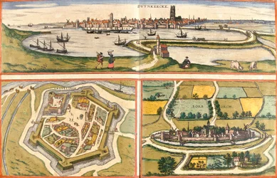 Vues de Dunkirk (Duynkercke), Gravelines (Grevelinge) e Bourbourg (Borborch), França (gravura