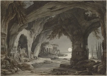 Paisagem ideal com gruta rochosa, túmulos e ruínas ao luar, c. 1790.