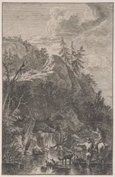 Ilustração 5: figura feminina a cavalo e uma figura masculina com um cão parado numa rua..., c. 1700-25.