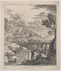 Dois pastores descansando junto a um pedestal, um aqueduto ao fundo, um..., ca. 1700-25.