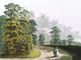 Uma vista lateral do palácio em jardins de Kensington, gravada por Heinrich Joseph Schutz (1760-1822), bar. 1798 por Ackermann (aquatint)