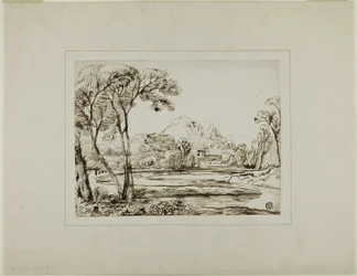 Paisagem com rio e colinas distantes