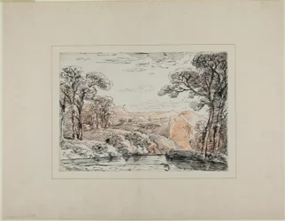 Paisagem com rio e colinas distantes