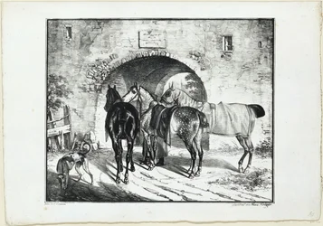 Três cavalos junto à passagem do portão