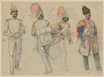 von Kossacowski, capitão do regimento Preobraschenski; Steppanoff, tambor do regimento Imperador da Áustria; Petroff, flautista do regimento Frederico Guilherme III; Dgingosow, Leskier