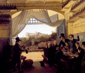 Louis II de Baviere bebendo com amigos na taberna de vinho espanhol em Roma. 1824 (óleo sobre madeira)