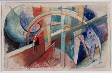 Cavalo azul e arco-íris de desenho a lápis e aquarela por Franz Marc