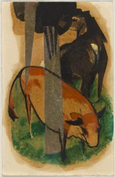 Cavalo vermelho e vaca amarela (cavalo castanho-preto e vaca amarela), postal de Sindelsdorf para Alfred Kubin em Wernstein/Zwickledt