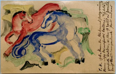 Cavalo vermelho e azul