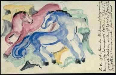 "Cavalo vermelho e azul", Franz Marc de Sindelsdorf para Wassily Kandinsky em Munique: cartão postal, carimbo postal 05 de abril de 1913