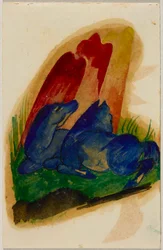 Dois cavalos azuis diante de uma rocha vermelha, postal de Sindelsdorf para Wassily Kandinsky em Munique