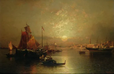 Envio na lagoa, Veneza, ao pôr do sol