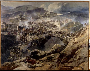 O Cerco de Akhulgo: Em 1839, Chamil (Imã Chamil, Shamil) (1797-1871) e os seus seguidores muçulmanos do Cáucaso, são sitiados no seu forte nas montanhas, antes de serem massacrados pelo exército russo - Pintura por Franz Roubaud (1856-19