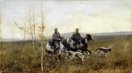 Os caçadores. Pintura de Franz Roubaud (1856-1928), óleo sobre tela