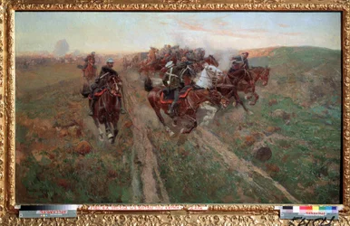 Cena da batalha de Kuryuk Dara em julho de 1854 (Cena da batalha de Kuryuk Dara em julho de 1854). Pintura de Franz Roubaud (1856-1928). Óleo sobre tela