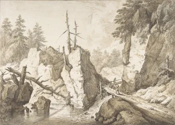 Paisagem montanhosa suíça com pequena ponte sobre um riacho, 1751-81.