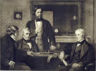 Michael Faraday (1791-1867) recusando a presidência da Royal Society em 1858, após uma pintura de Edward A. Armitage (1817-96) (fotogravura)