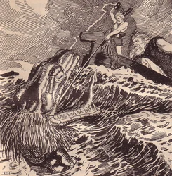 Pesca Thor e Hymir. Ilustração para The Edda: Germanic Gods and Heroes por Hans von Wolzogen