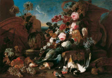 Natureza morta com flores, pássaros mortos e pedaços de ruínas