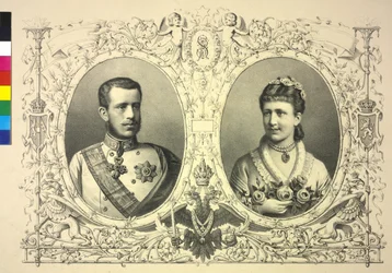 Imagem dupla de Franz Joseph I, príncipe herdeiro Rudolf e princesa Stephanie