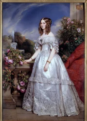 Retrato da Duquesa de Nemours Retrato da Vitória de Saxe-Coburgo-Gotha (1822-1857) esposa do Duque de Nemours. Pintura de M. P. Julien Laurent (1805-1860), depois de Franz Xavier Winterhalter. 1846. Paris, Artes Decorativas - Retrato a todo o comprimento d