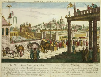 Namchas Place em Lahore, mostrando o trono de ouro do Grande Mogul, Paquistão (aquatint)
