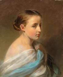 Retrato, menina, cabeça, ombros, drapeado, envoltório azul, branca, c.1850