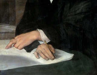 Retrato do arquitecto Karl Berckmuller (1800-1879), detalhe das mãos cruzadas no avião. Uma delas segura uma comppas. Pintura de Franz Xaver Winterhalter (1806-1873) Ec. Todos.
