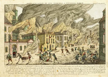 Vista de Nova York durante o grande incêndio de 1776; Representação da Terrível Terrível em Nova York, 1780